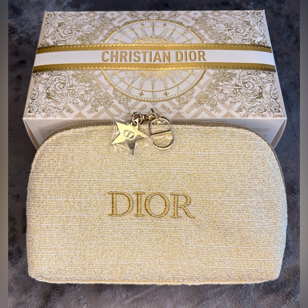 ✨ Christian Dior Metallic Gold & White Textured Makeup Bag with Gold Hardware ✨
